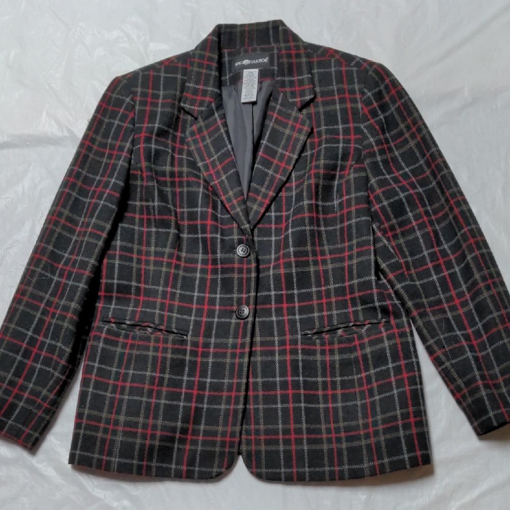 Sag Harbor Vintage Black Red Wool Plaid Blazer Jacket Preppy Dark Academia Sz 10